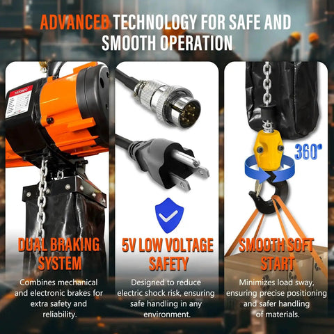 Electric Chain Hoist 2200lb With 2 Speed 120V Brushless Motor And 10ft G80 Chain showing dual braking system and soft start feature.