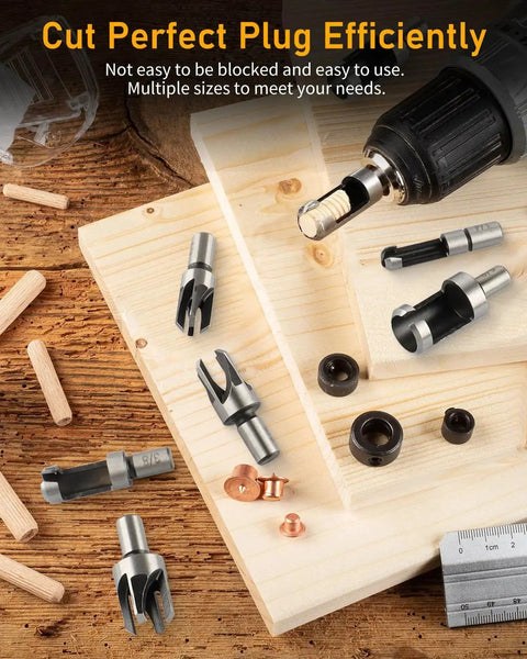 34 Piece Woodworking Drill Bit Set With Countersink Bits Counter Sink Bits Plug Cutters Three Step Drill Bits And Drill Stop Collars In Durable High Speed Steel Case For Organized Pro Grade Jobs displayed on wooden board.
