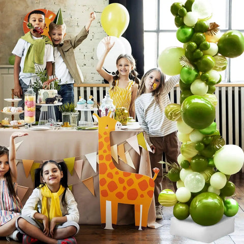 Adjustable Balloon Pillar Kit Set 4 With Stable Bases For Indoor Outdoor Events at a children's party with green balloons