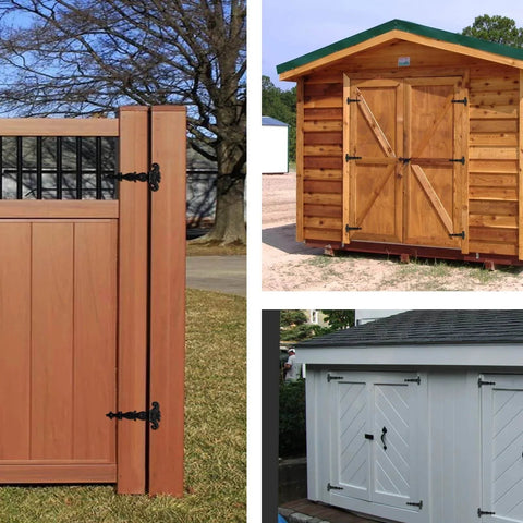 4 Pcs T Strap Hinges Black Decorative Door Hinges for Barn Doors shown on wooden gates and sheds