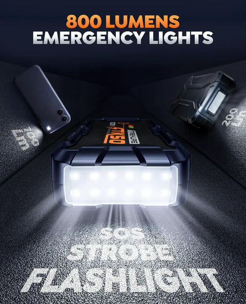 All In One 6000A Jump Starter Booster Pack With 26800mAh Portable Power Bank For All Gas Cars And 12L Diesel Safe Jumper Cables Fast Charge And 800 Lumen LED Light with 800 lumens emergency flashlight.