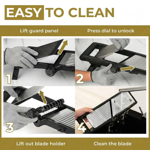 All In One Adjustable Mandoline Slicer With Built In Blades For Kitchen Prep Potato Cutter Veggie Chopper Cucumber Slicer And Julienne Options in cleaning steps with safety gloves
