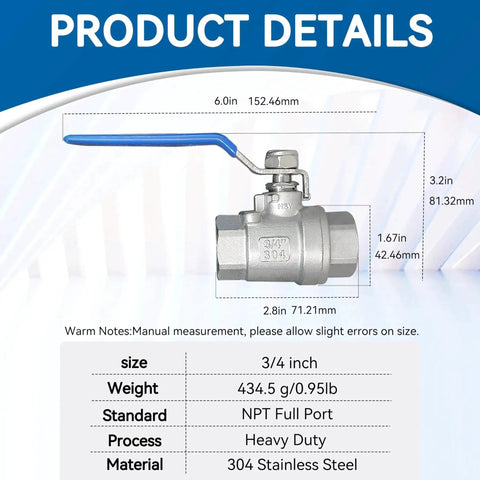 Full Port 3/4 Inch NPT 304 Stainless Steel Ball Valve With Locking Device for Water Oil Gas, dimensions and weight detailed.