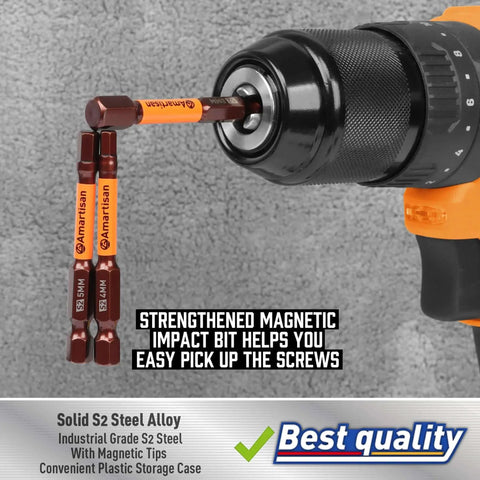 Close-up of Pro Grade 20 Piece Hex Bit Drill Set in S2 Steel with Magnetic Tips, shown installed in a power drill.
