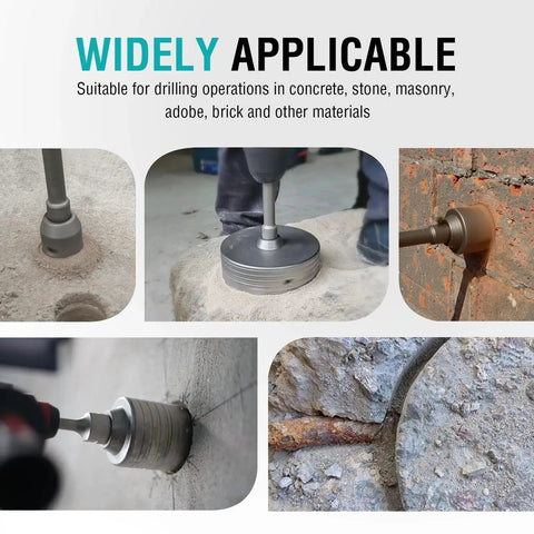 9 Piece Concrete Hole Saw Kit For Rotary Hammer With SDS Plus And SDS Max Shanks Heavy Duty Core Bit Set in use on masonry