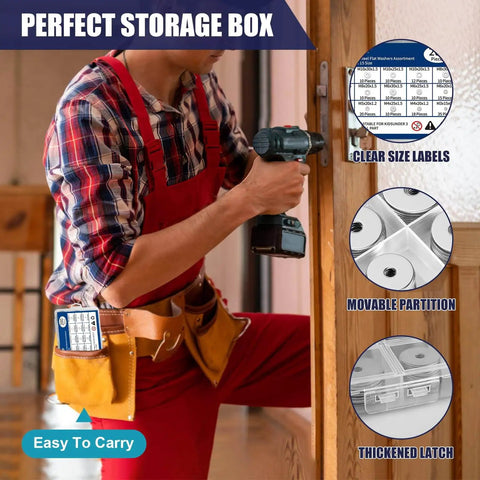 Worker using drill with 304 Stainless Steel Flat Washers Kit, 200 Pieces in 15 Sizes from M3 to M12, storage box shown