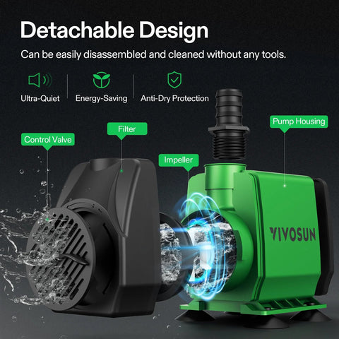 VIVOSUN 800GPH submersible pump side view, green housing, 3000 L/H, 24W, with three nozzles