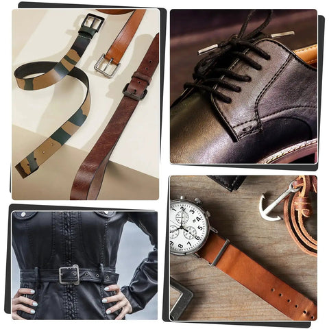 Collage showing belts, leather shoes, watch, and leather jacket.