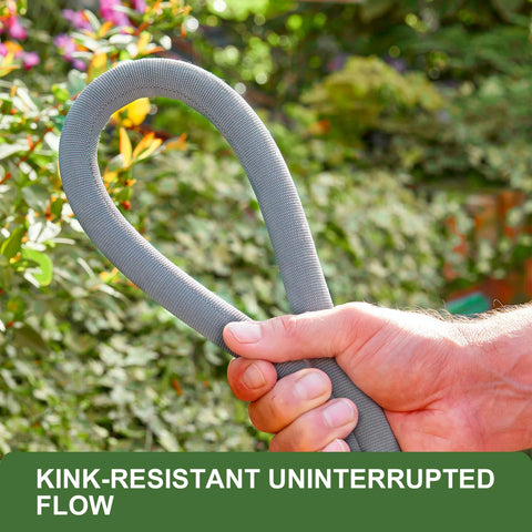 Garden hose, 50ft non-expanding, grey, kink-resistant, held in hand in a garden setting