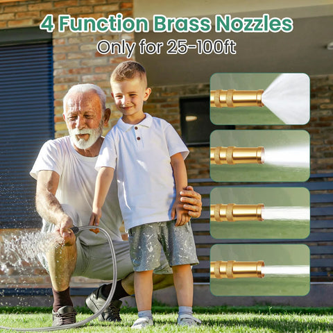 Cesun 25ft metal garden hose, 304 stainless steel, with brass 4-function nozzle; UV-resistant for outdoor use.