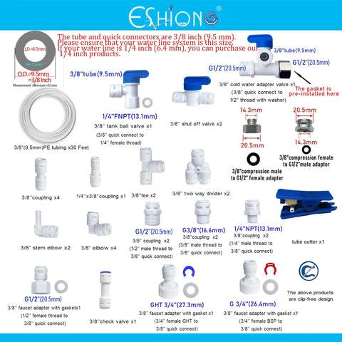 ESHIONG NSF-certified 3/8 in push-to-connect fittings kit for RO water filter with 30 pieces and 30 ft tubing
