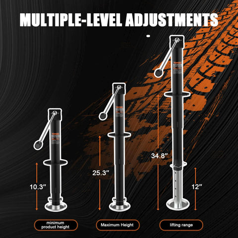 Heavy-Duty A-Frame Trailer Jack with crank handle, black steel body and silver base, shown at three height levels.