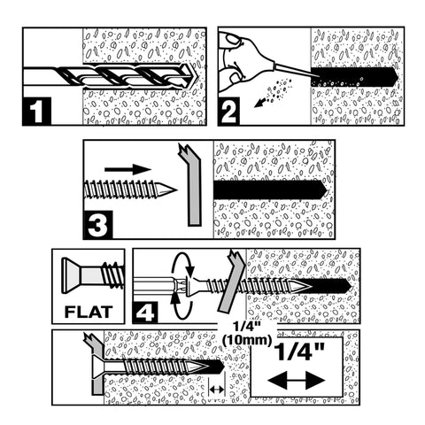Installation steps for One Quarter By One And A Quarter Inch Flat Head Concrete Screws 100 Pack For Masonry Anchors In Concrete Brick Or Block High And Low Thread Carbon Steel 1022A.