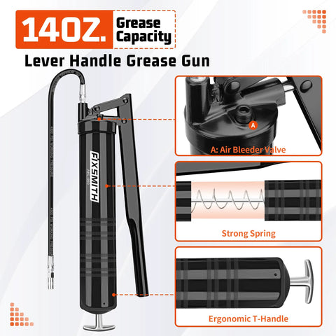 FIXSMITH professional lever-action grease gun, black metal with 12-in reinforced hose, 7-in extension, ergonomic T-handle