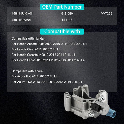 Image showing OCV Oil Control Valve For 2.4L L4 Timing VVT Solenoid Plug And Play Replacement For Honda Accord Civic Crosstour CRV Acura ILX TSX 2010 2011 2012 2013 2014 2008 2009 2010 2014 Part Number 15811 R40 A01 with compatibility details.