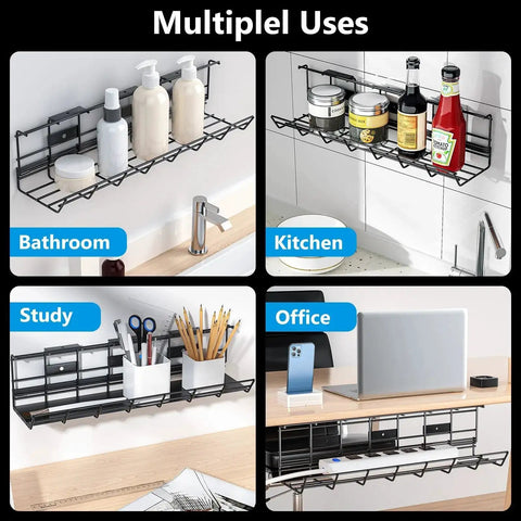 Multiple uses of 2 Pack Under Desk Cable Management Tray Set, Heavy Duty Metal Cord Organizer for Desk, in office and home settings.