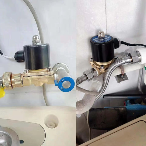 Copper Electric Solenoid Valve, Normally Closed, For Water, Air, And Gas Systems, 110V AC installed under plumbing sink