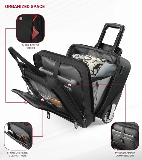 Open view of Rigid Frame Rolling Laptop Bag with USB Ports and Wheels for Pro On-The-Go Travel, highlighting compartments and pockets.