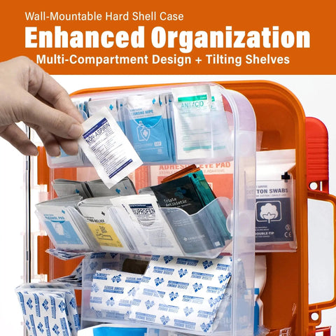 OSHA Compliant First Aid Kit With 400 Pieces in wall-mountable case with enhanced organization compartments and tilting shelves