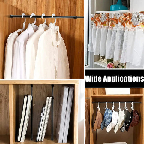 Two Piece Adjustable Window Security Bar for Sliding Glass Doors showing multi-use in hanging clothes, hats, and curtains.
