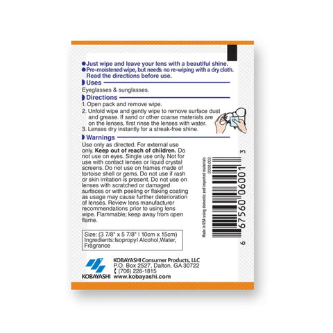 Back packaging of Microfiber Lens Wipes Pre-Moistened White 40 Count For Glasses And Screens with usage directions