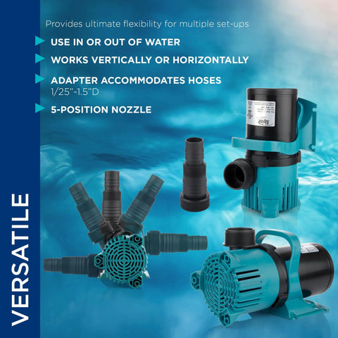 Alpine PEG3000 3000 GPH vortex submersible pond pump in teal and black with 5-position nozzle adapters