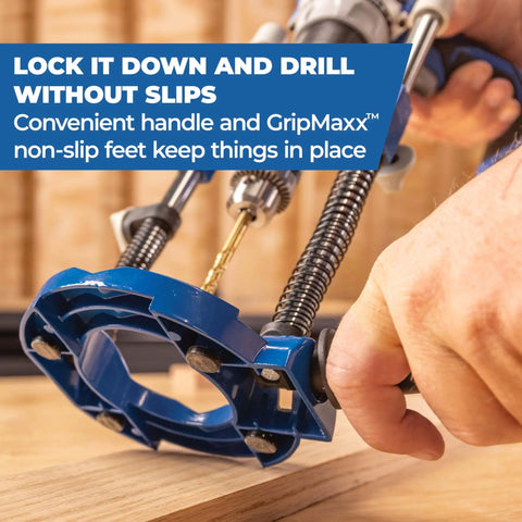 Portable Drill Guide Pro For Precise Angle Drilling A Self Centering Jig With Built In Dust Collection Adapter KDG6500 in use