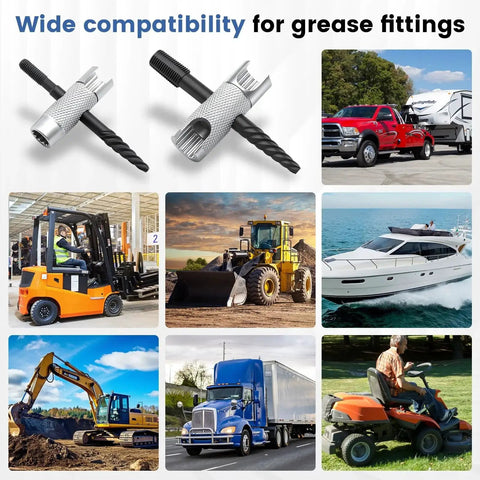 Grease Fitting Tool Set 2 Pack 4 In 1 Zerk Fitting Tool with vehicles and machinery showcasing diverse applications.