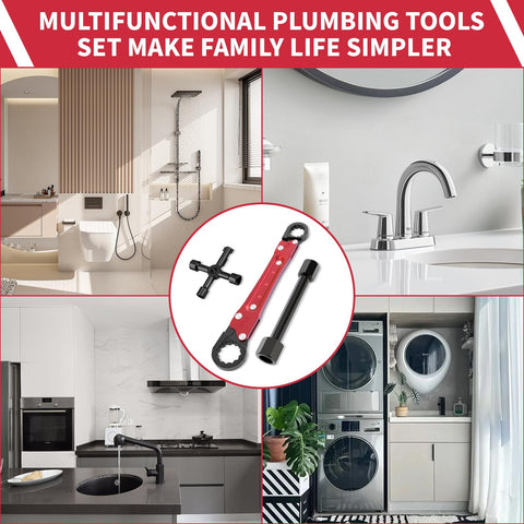 Image of a red and black 2 In 1 Plumbing Wrench Kit For Angle Stop And Supply Nut Installations, shown with four bathroom and kitchen settings.
