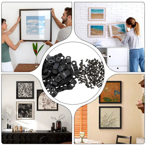 100 Piece Metal Picture Frame Turn Button Fasteners With Screws For Hanging Photos Posters Drawings And Crafts Backing Clips Black All In One Framing Hardware Kit shown in use with framed images on walls