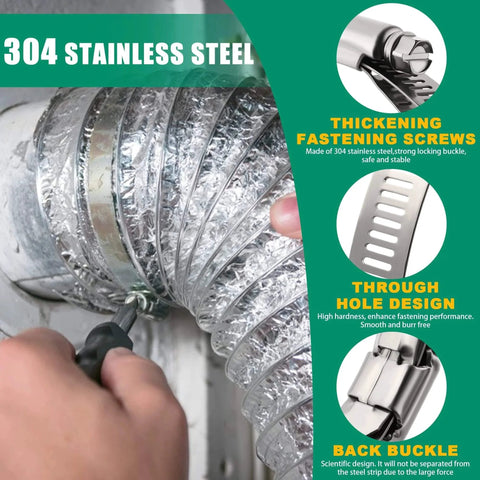 Large Ten Pack Stainless Steel Hose Clamps Two And A Half Inch Adjustable Worm Gear Duct Clamps being installed on dryer vent