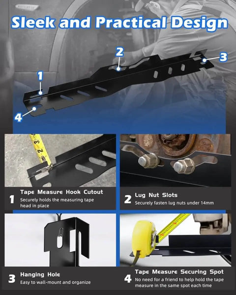 Heavy Duty Wheel And Toe Alignment Tool Kit with two 5m tape measures showing tape measure hook cutout and lug nut slots.