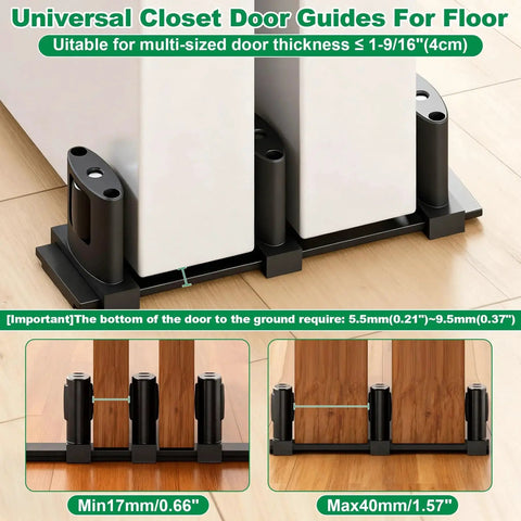 Three Roller Adjustable Floor Guide Kit For Double Bypass Sliding Doors Black Floor Mount Guides Two Pack installed