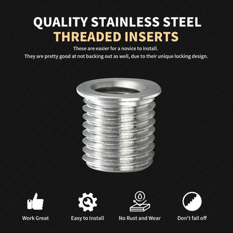 Close-up of stainless steel threaded insert from M5 X 0.8 Thread Repair Kit With Stainless Steel Inserts Drill Tap Counterbore And Install Driver 10 Pcs Metric M5X0.8X7.6MM Inserts Restores Damaged Threads In Metal And Plastic Pro Grade Kit, showing quality and design features.