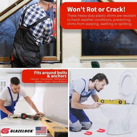 Installation of Multipack Horseshoe Shims 400 Pcs U Shape Tile Spacers For Leveling Floors around a toilet and window frame.