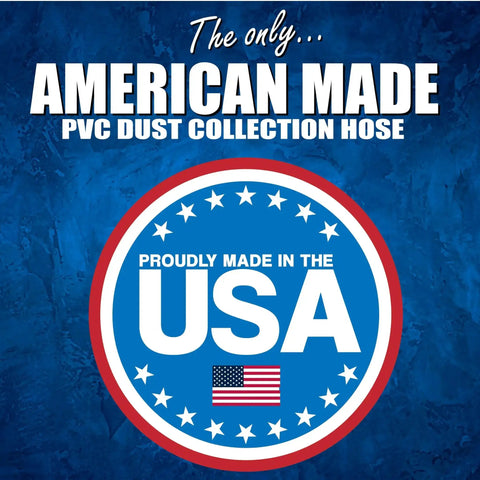 Image with text 'American Made PVC Dust Collection Hose, Proudly Made in the USA' highlighting origin of 4 Inch By 20 Foot PVC Dust Collection Hose For Woodworking Thickened Puncture Resistant Clear PVC Fume And Dust Duct Flexible See Through Design With Carbon Steel Wire Reinforcement Made In USA.