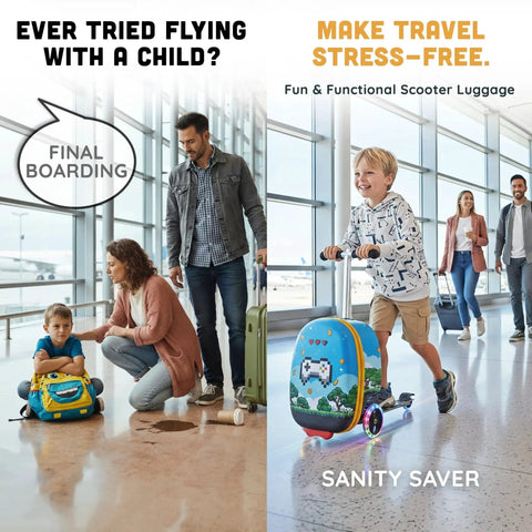 Child riding Kids Ride On Luggage With Built In Scooter in airport, showcasing LED light up wheels and colorful design, family in background