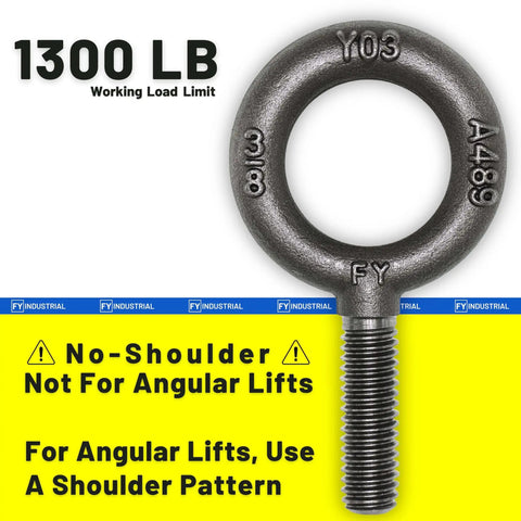 10 Pack Industrial Grade No-Shoulder Lifting Eye Bolts 3/8-16 By 1-1/4 Inch, Vertical Pull Only, shown with 1300 lbs WLL label