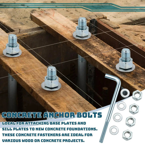 Galvanized J Bolt Anchor Set, 10 Pieces With Nuts And Washers, Concrete Fasteners for foundation walls, slabs and brick projects