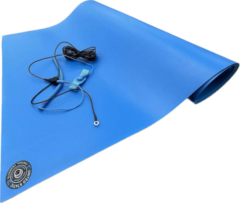 Certified ESD Mat Kit with Ground Cord and Wrist Strap for Electronics Assembly, customizable matting, visible in blue color.