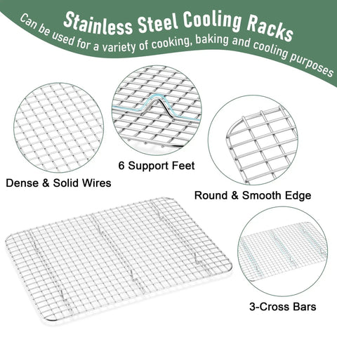 Stainless Steel Baking Sheet With Wire Rack Set 16 Inch By 12 Inch Pan And Cooling Rack features dense wires and 6 support feet
