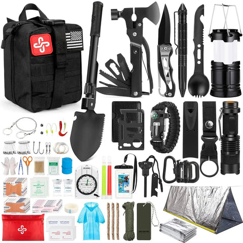 250 Piece Survival Kit With Molle System Compatible Bag And Emergency Tent, outdoor prep gear with tools and first aid.