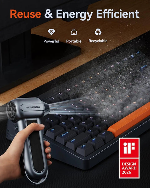 Hand using MegaFlow100 Cordless Electric Air Duster With 150000 RPM Turbo Power Brushless Motor on keyboard