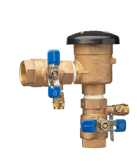Brass Zurn Wilkins 1 in 720A pressure vacuum breaker assembly with blue valve handles