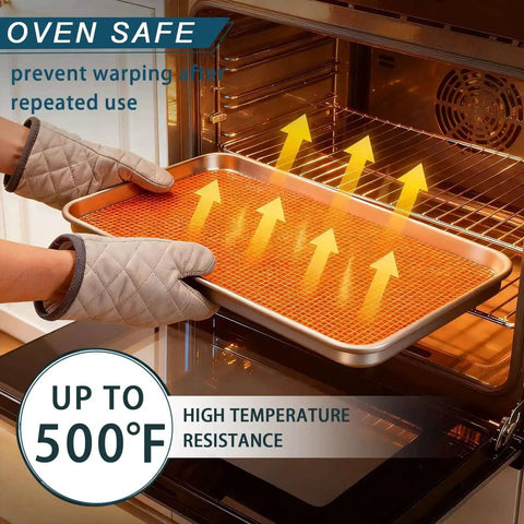 Using Six Pack Half Size Aluminum Baking Sheets Set in oven with heat-resistant gloves, showcasing oven-safe feature, 13 by 17 inch trays.