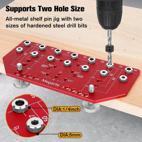 2 In 1 Shelf Pin And Hinge Jig For Cabinets, Aluminum Alloy Drill Template With One Quarter Inch And 5mm Drill Bits shown