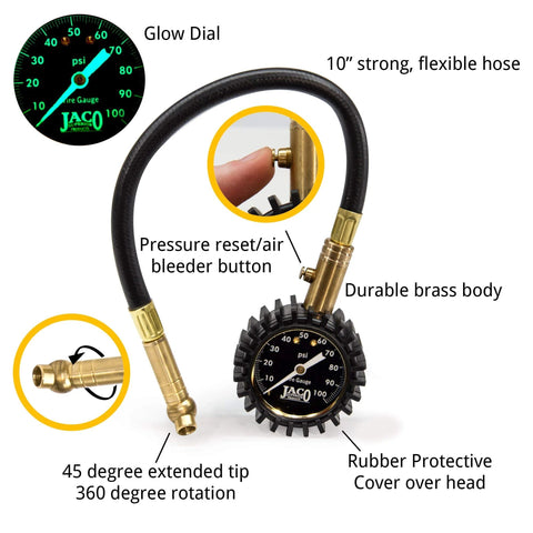 JACO ElitePro tire pressure gauge with glow dial, brass body, 10-inch flexible hose, 45° extended tip.