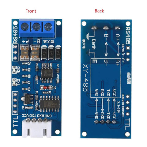 Two Pack TTL To RS485 Converter Module For 3V3 Or 5V Systems With RXD And TXD Indicators front and back view