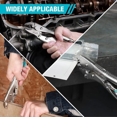 7 Inch Locking Pliers With Curved Jaw And Wire Cutter, Premium Cr-V Steel in various applications, including clamping and twisting.