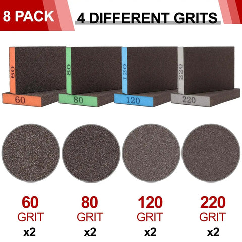 8 Pack Washable Sanding Blocks With Assorted Grit 60 80 120 220 For Drywall showing four different grit levels.